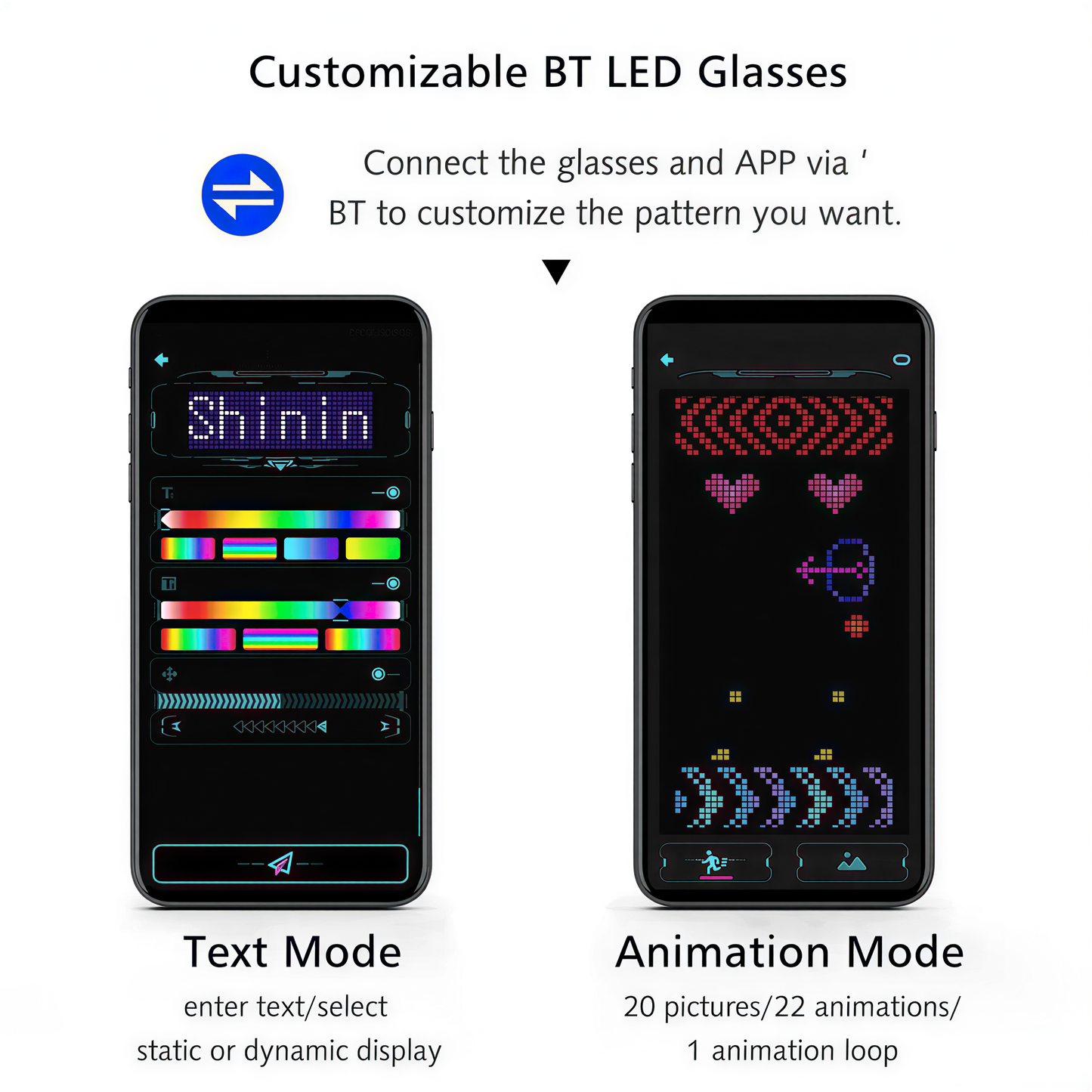 lifestyle shot of Bluetooth LED App Glasses, cyberpunk