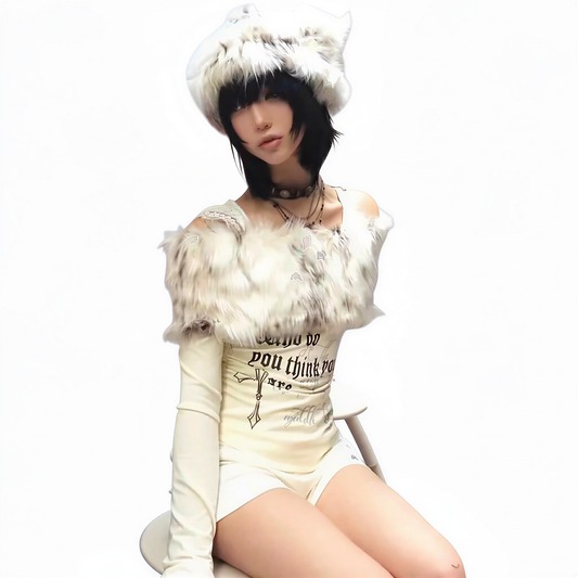 Fur Collar Off-Shoulder Y2K Knit in S — festival fashion