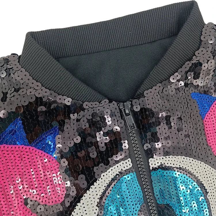 product shot of Evil Eye Sequin Bomber, kawaii