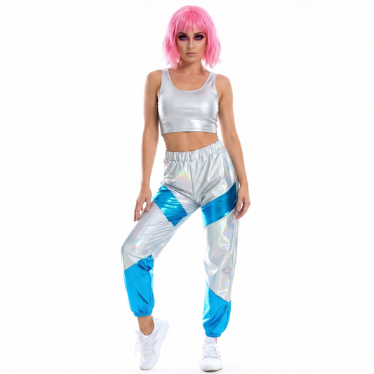 close-up of Holographic Metallic Joggers, retrofuture