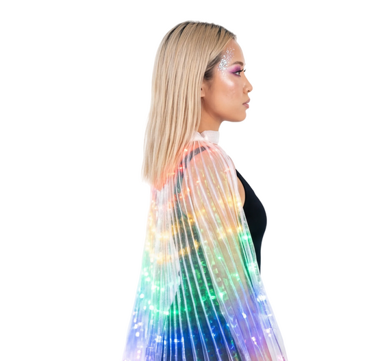close-up of LED Butterfly Wing Cloak, cyberpunk