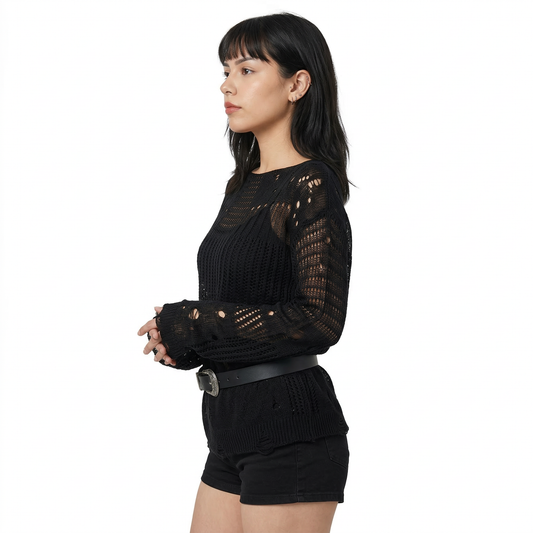 close-up of Gothic Hollow Knit Blouse, festival fashion