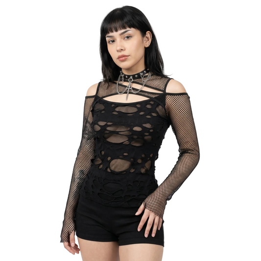 Grunge Fishnet Patchwork Top — festival fashion from Technodystopop