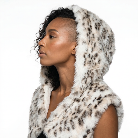 close-up of Leopard Faux Fur Hood Scarf, festival fashion