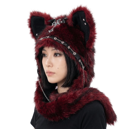 close-up of Goth Alt Cat Fluffy Hood, festival fashion