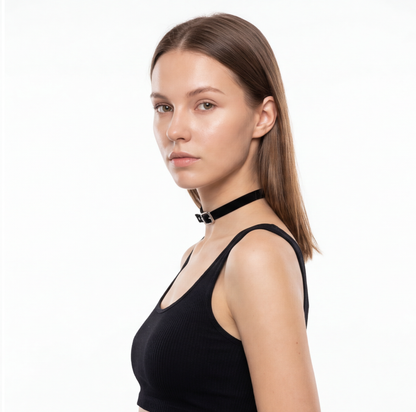 close-up of Black Leather Punk Choker, cyberpunk