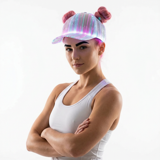 close-up of Fiber Optic Rainbow Hat, cyberpunk