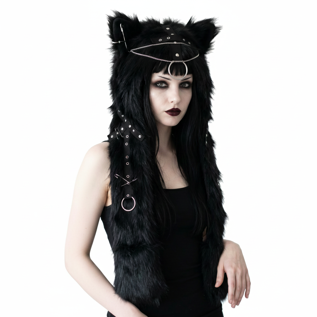Alt 3-in-1 Fluffy Goth Hood - Black Cat