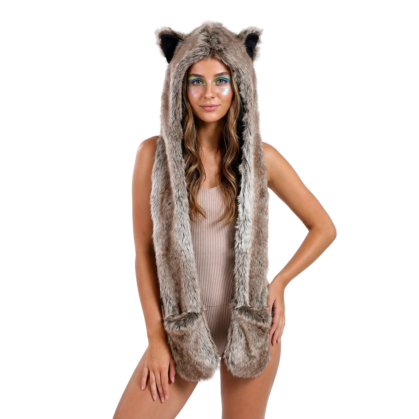 3-in-1 Faux Fur Animal Hood in Coyote — alt