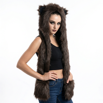3-in-1 Faux Fur Animal Hood in Dark Bear — alt