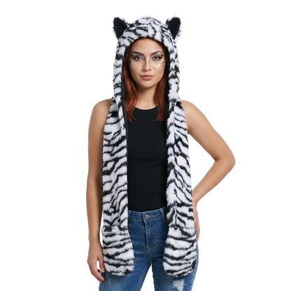 3-in-1 Faux Fur Animal Hood in White Tiger — cyberpunk