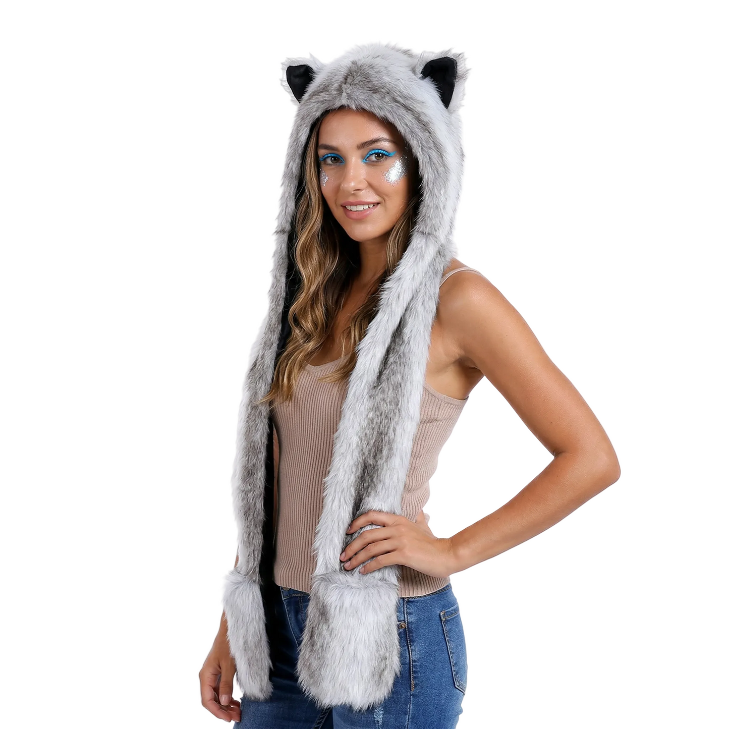 3-in-1 Faux Fur Animal Hood in Silver Husky — retrofuture