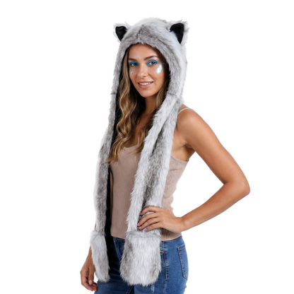 3-in-1 Faux Fur Animal Hood in Silver Husky — retrofuture