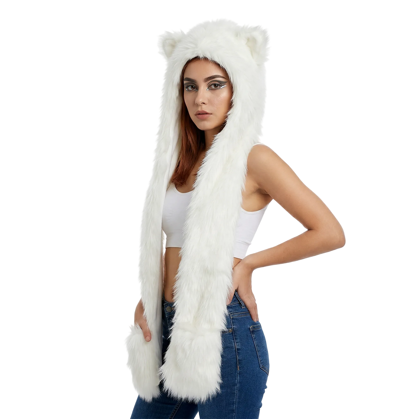 3-in-1 Faux Fur Animal Hood in White Bear — cyberpunk