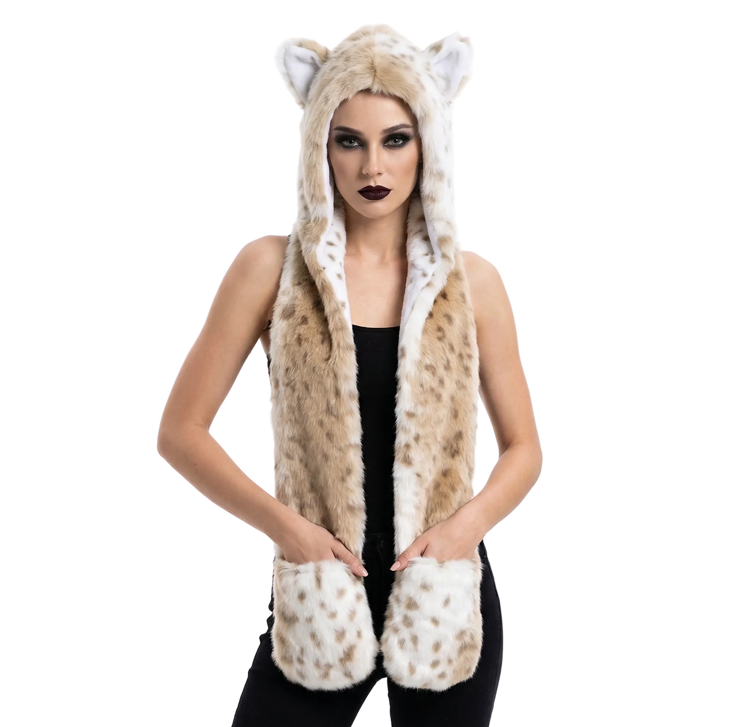 3-in-1 Faux Fur Animal Hood in Snow Leopard — cyberpunk
