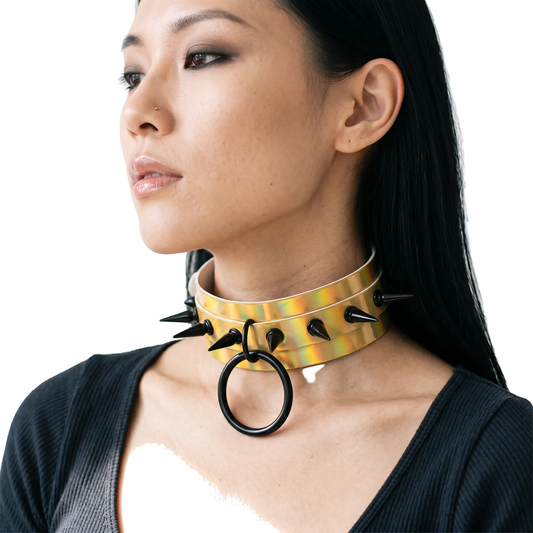 Holographic Spiked Choker — Gold Color