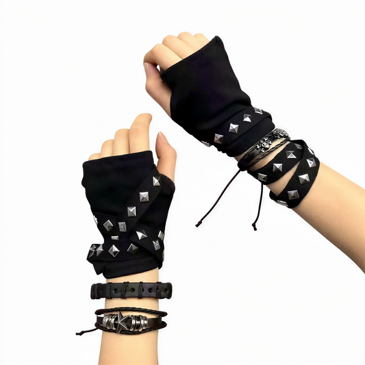 close-up of Punk Goth Fingerless Gloves, cyberpunk