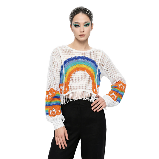 close-up of Rainbow Crochet Sheer Top, festival fashion