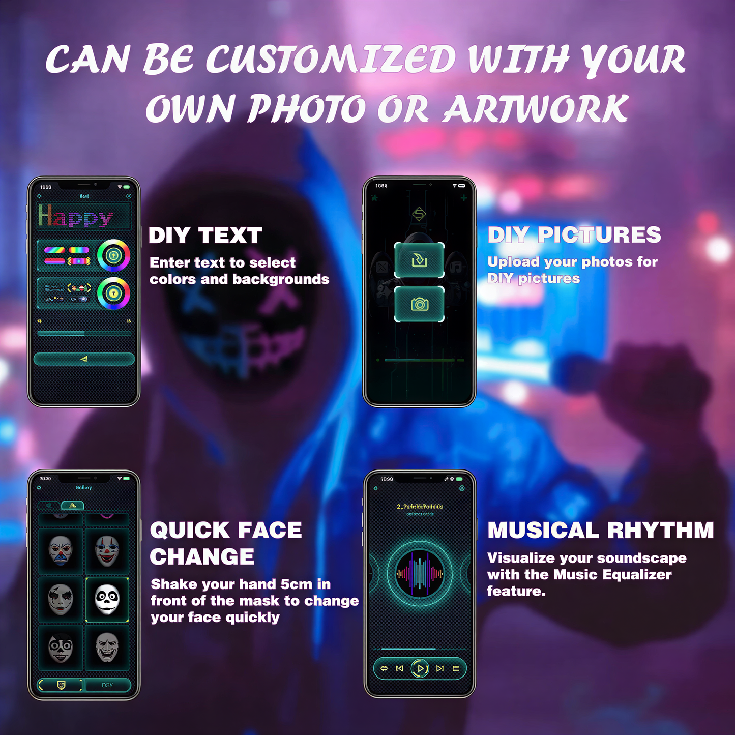 lifestyle shot of App-Controlled LED Face Mask, cyberpunk
