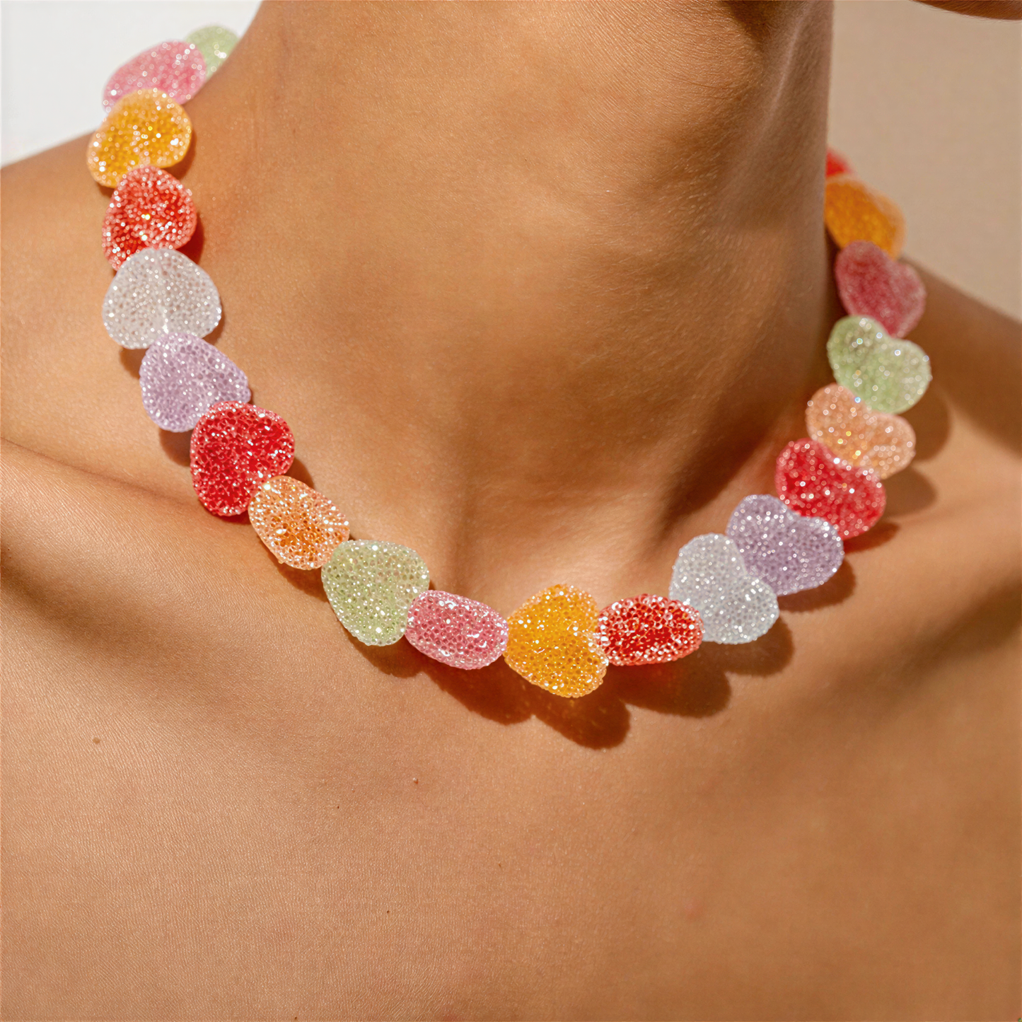 lifestyle shot of Candy Heart Resin Necklace, cyberpunk
