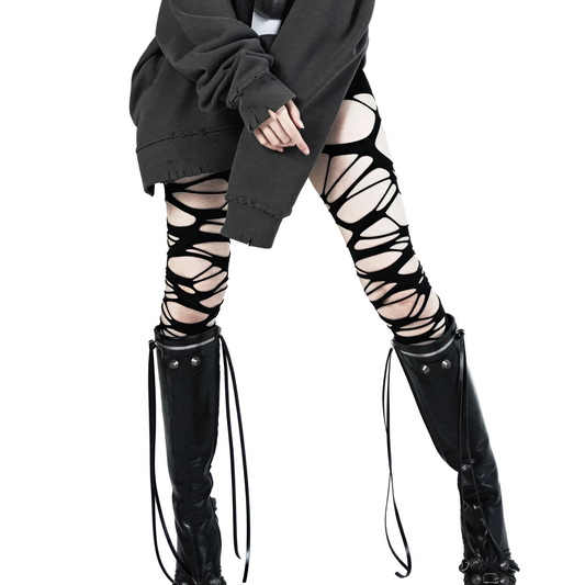 close-up of Punk Goth Torn Stockings, festival fashion