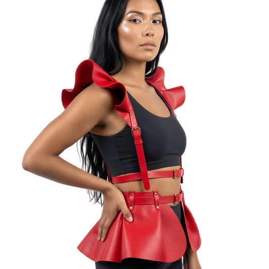 detail view of Leather Corset Ruffle Skirt, festival fashion
