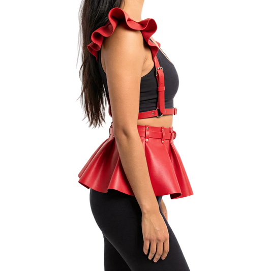 close-up of Leather Corset Ruffle Skirt, festival fashion