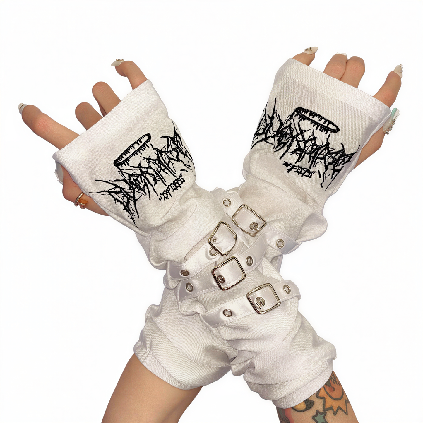 Dark Punk Buckle Arm Sleeves in White — retrofuture