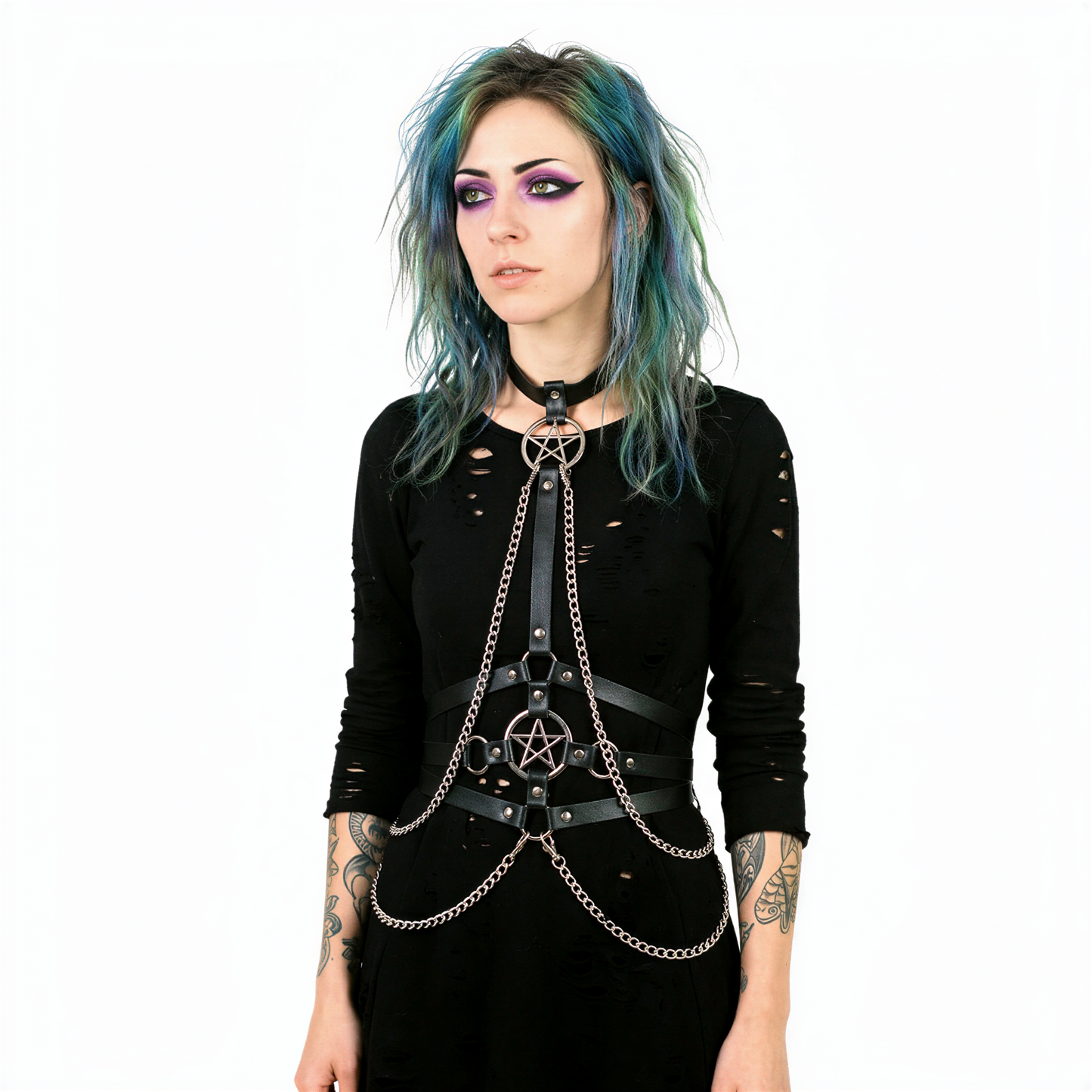 close-up of Festival Body Chain Harness, cyberpunk