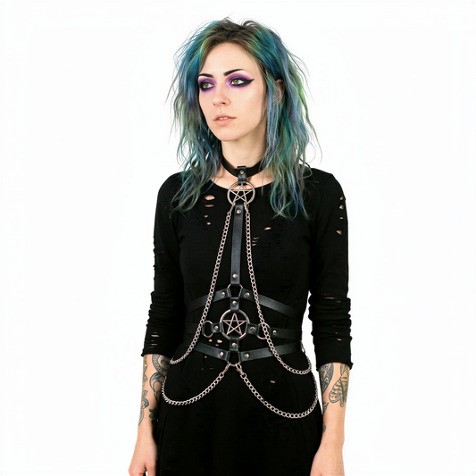 close-up of Festival Body Chain Harness, cyberpunk