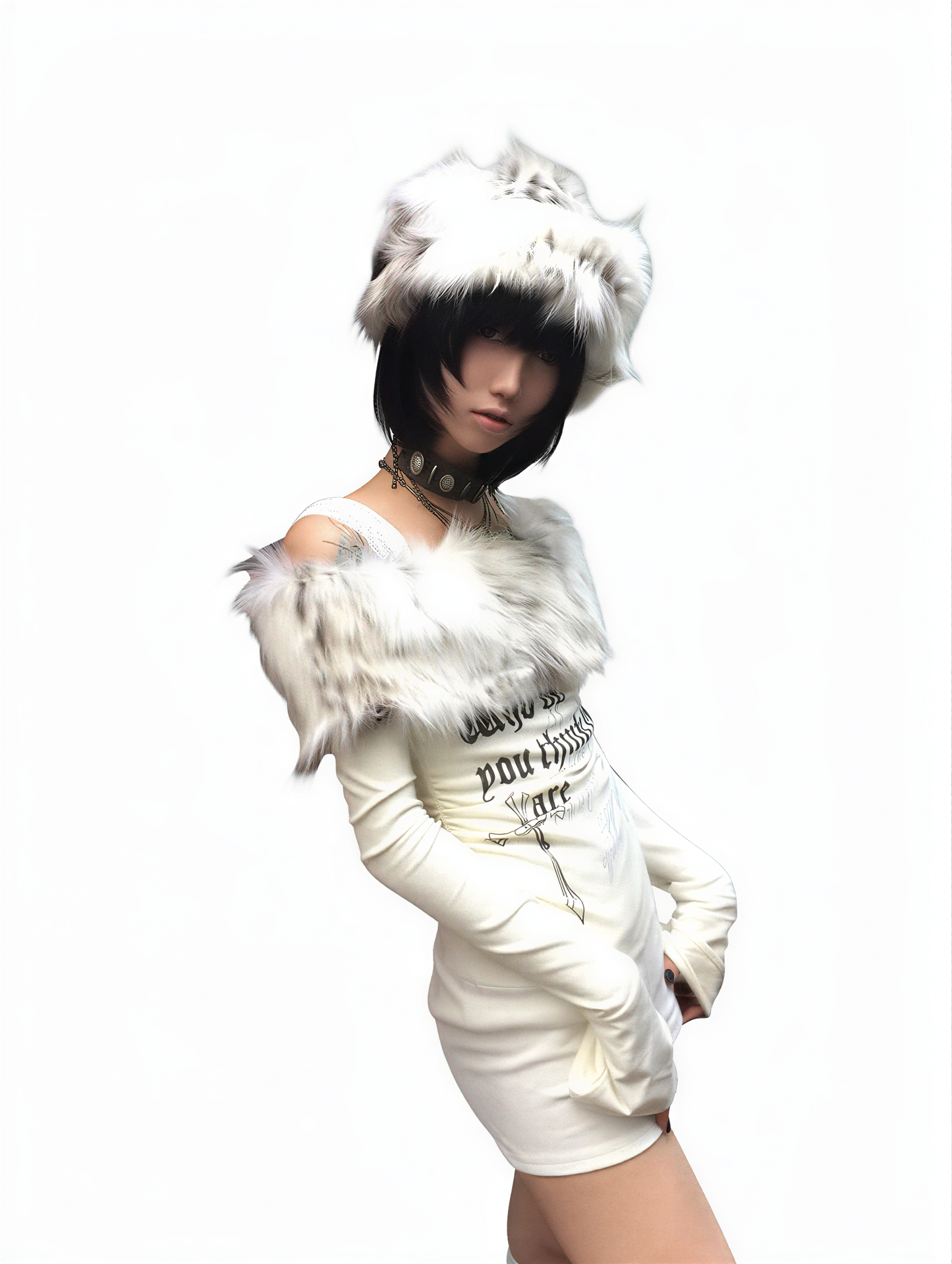 alternate angle of Fur Collar Off-Shoulder Y2K Knit, festival fashion