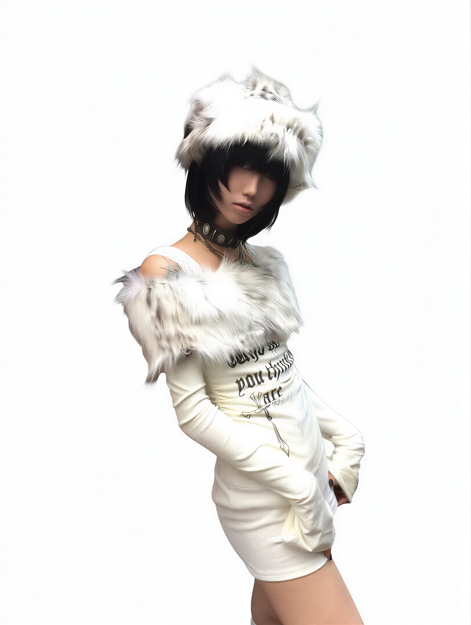 alternate angle of Fur Collar Off-Shoulder Y2K Knit, festival fashion