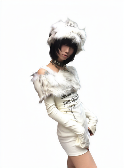 alternate angle of Fur Collar Off-Shoulder Y2K Knit, festival fashion