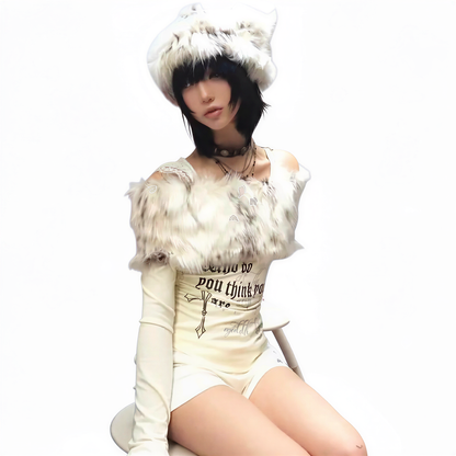 Fur Collar Off-Shoulder Y2K Knit in S — festival fashion