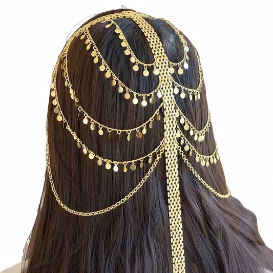 close-up of Gold Totem Hair Chain, festival fashion