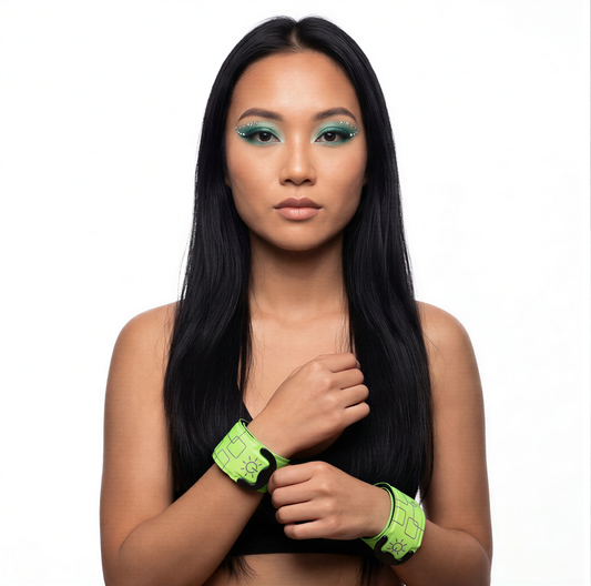 close-up of LED Slap Band Bracelet, retrofuture