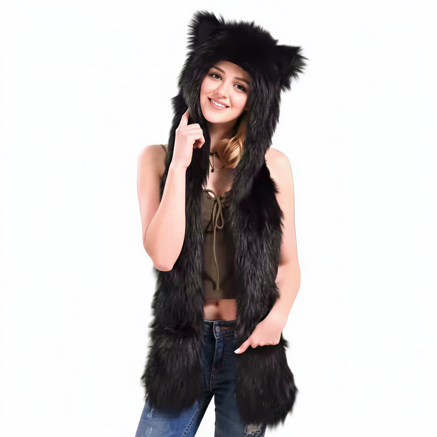 3-in-1 Faux Fur Animal Hood in Black Bear — alt