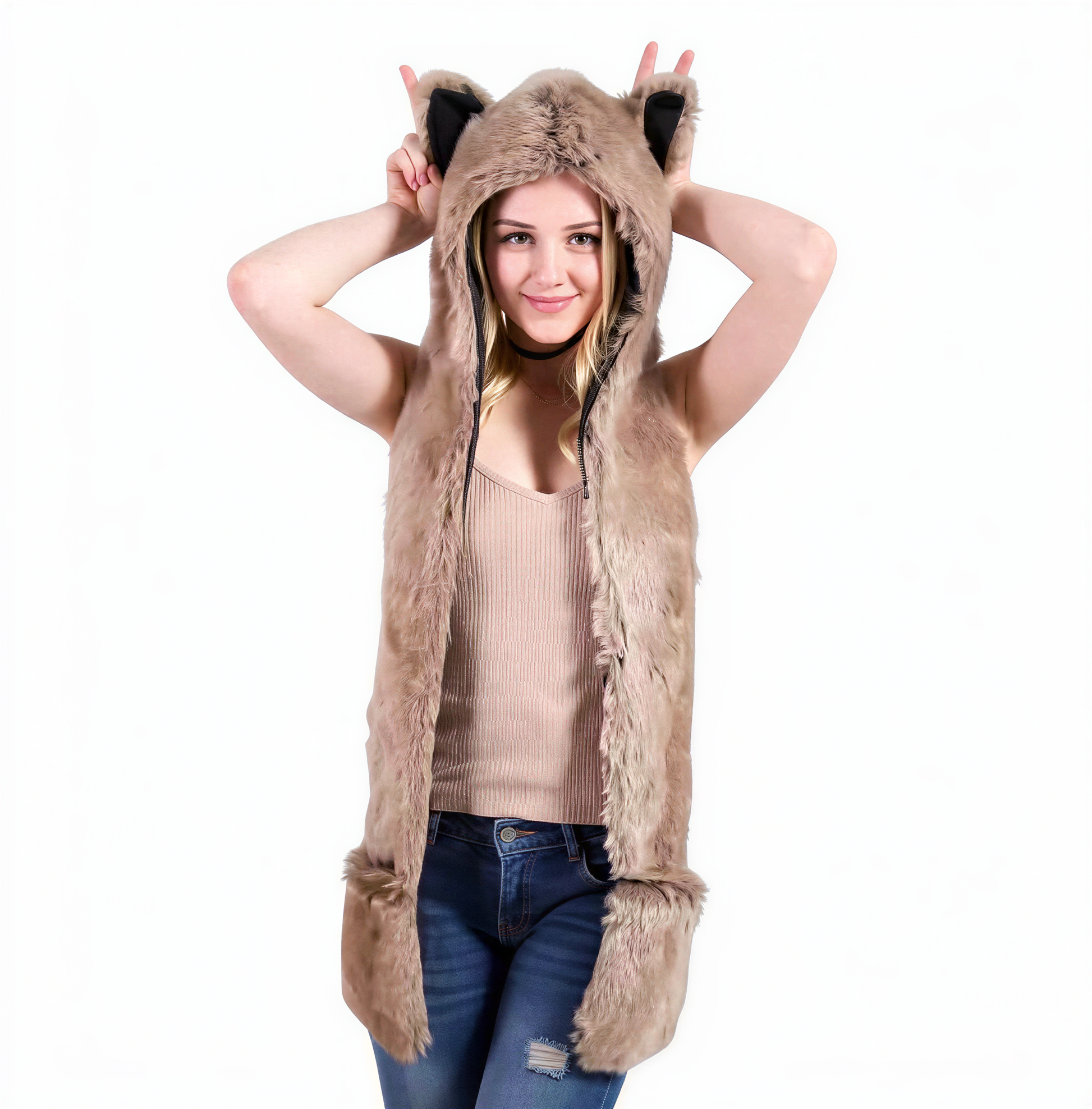 styling shot of 3-in-1 Faux Fur Animal Hood, alt
