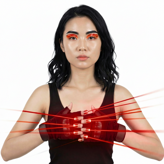 close-up of Red Laser Beam Gloves, festival fashion