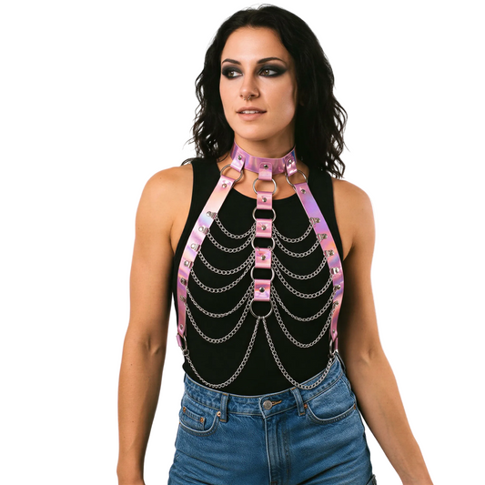 close-up of Holographic Body Chain Harness, cyberpunk