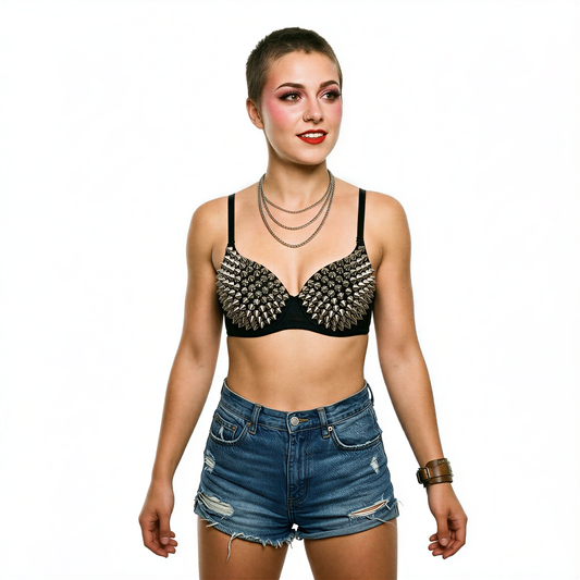 close-up of Silver Rivet Punk Bralette, retrofuture