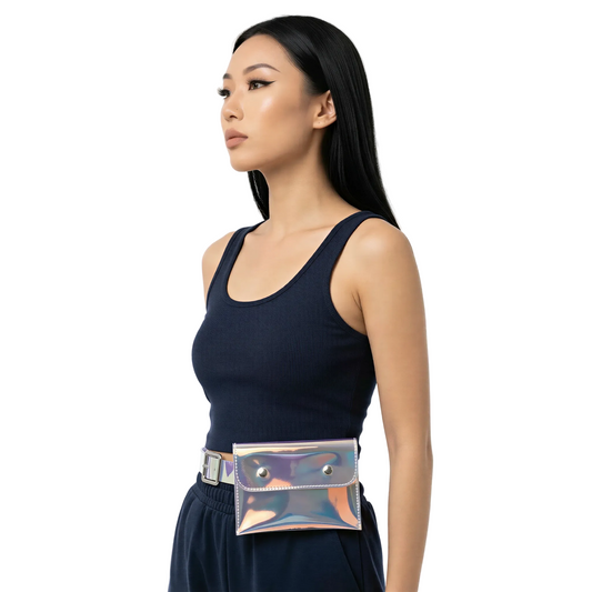 lifestyle shot of Holographic Chain Belt Bag, festival fashion