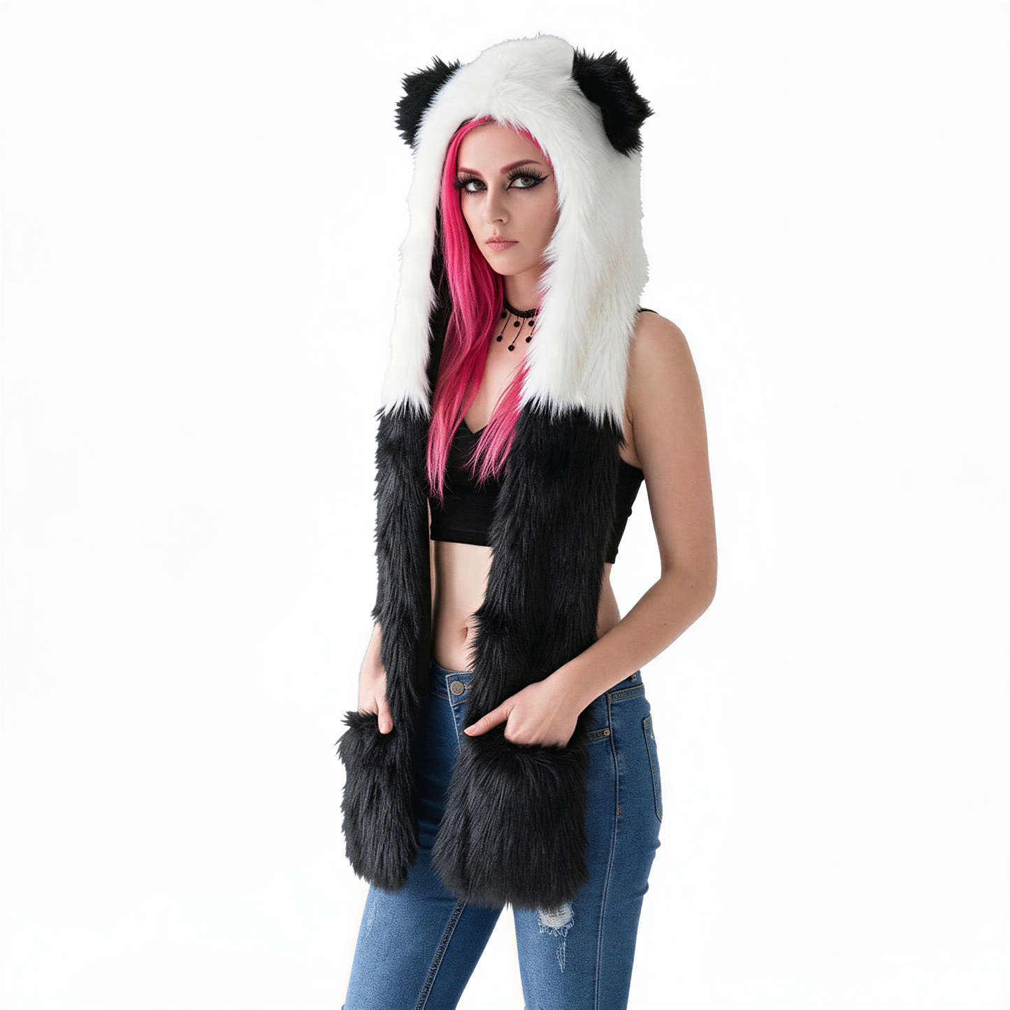 3-in-1 Faux Fur Animal Hood in Panda — cyberpunk